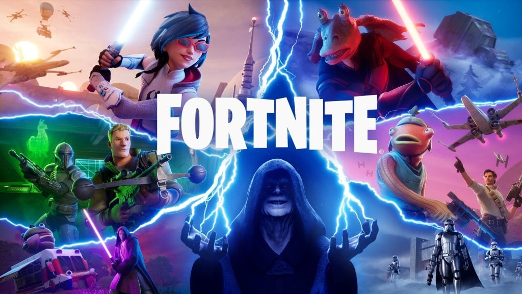 Colorful Fortnite promotional image featuring multiple characters wielding lightsabers, including a central hooded figure with glowing blue hands, surrounded by lightning effects and various elements from Star Wars and Fortnite worlds, with the word 'FORTNITE' prominently displayed in the center.