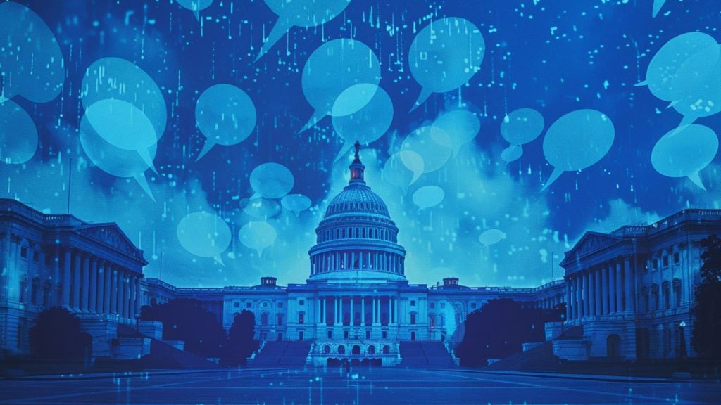 The United States Capitol building illuminated in blue with overlay of blue speech bubbles and digital binary rain effect in the background.