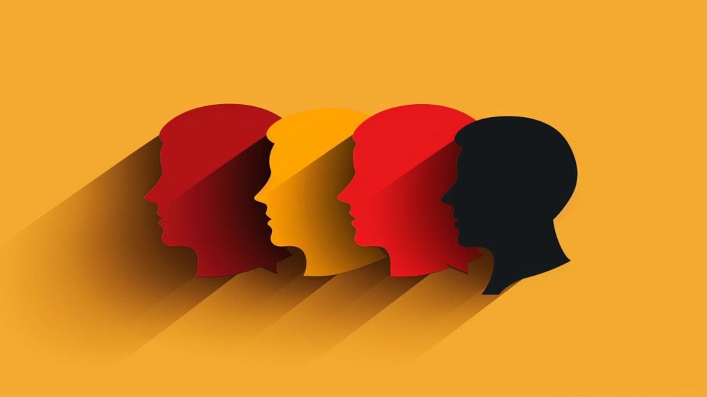 Four stylized human head silhouettes in profile facing right, colored dark red, orange, red, and black, with long shadows extending left on an orange background.