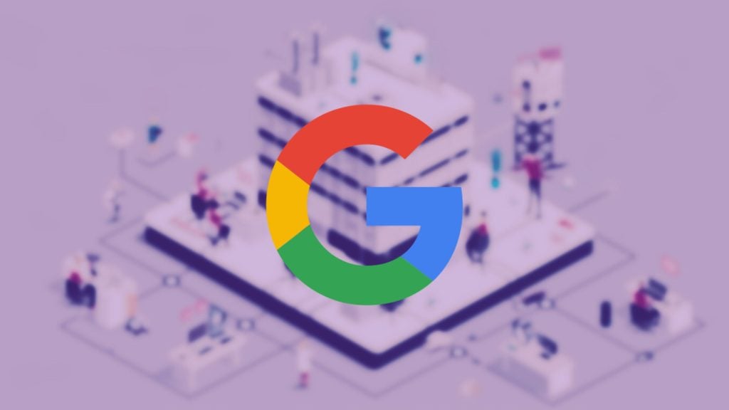 Google logo overlaying a blurred isometric illustration of people interacting in an office environment with multiple workstations and a central building.