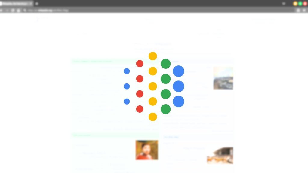 Google AI logo displayed over a blurred web browser window showing search results with text and images.