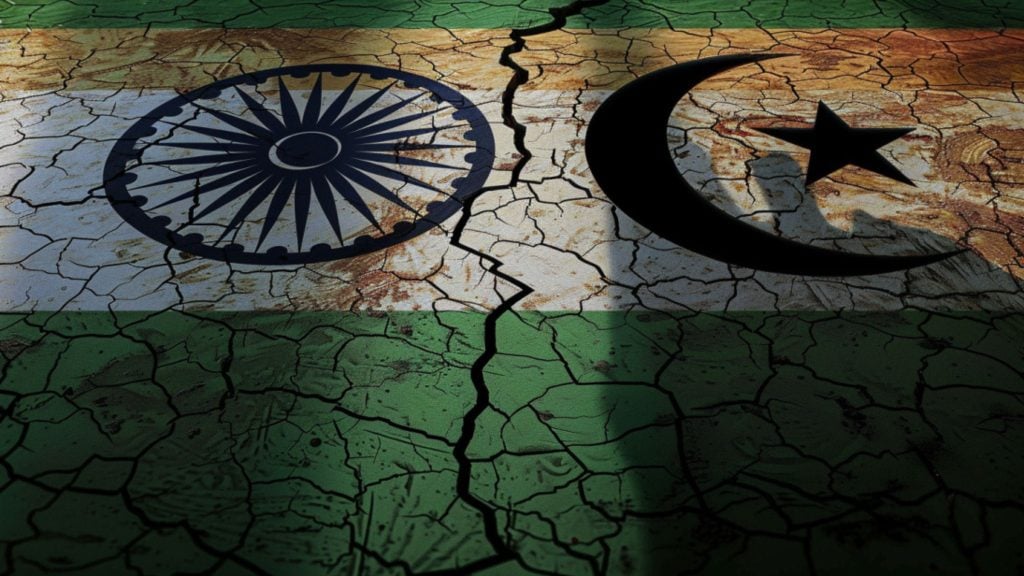 Cracked ground painted with the Indian flag featuring the Ashoka Chakra on the left and the Pakistani flag with a crescent and star on the right, separated by a large central crack symbolizing division.