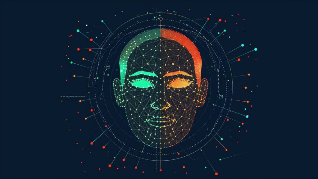 Digital wireframe of a human face with symmetrical green and orange network nodes and lines, surrounded by radiating circular data points against a dark background