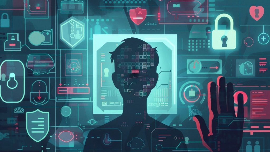 Silhouette of a person facing a digital interface with security-related icons like padlocks and shields, and a raised hand with a fingerprint scan visible, symbolizing cybersecurity and biometric authentication.