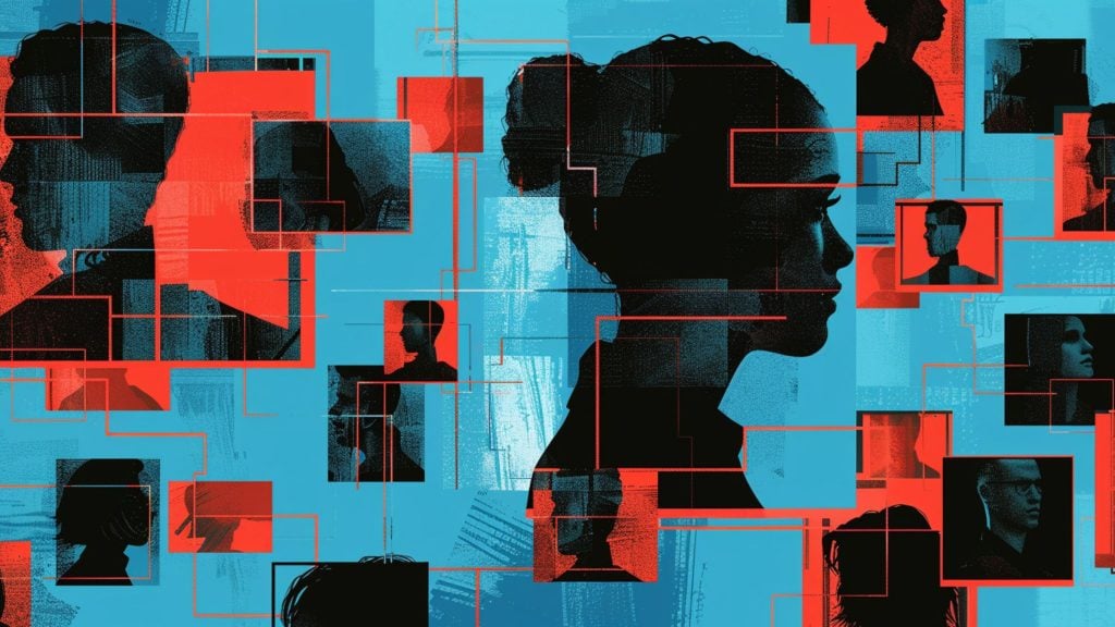 Digital collage of human silhouettes and profiles connected by red lines on a blue background, suggesting network or social connections.