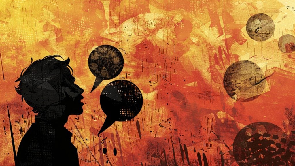 Silhouette of a person with messy hair speaking, with two speech bubbles coming from their mouth, set against an abstract textured background of warm orange and yellow tones with various circular and linear patterns.