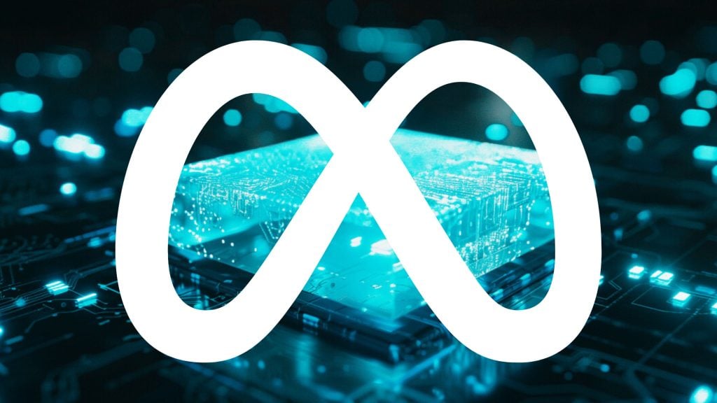 White Meta infinity symbol logo overlaying a glowing blue computer chip on a circuit board background