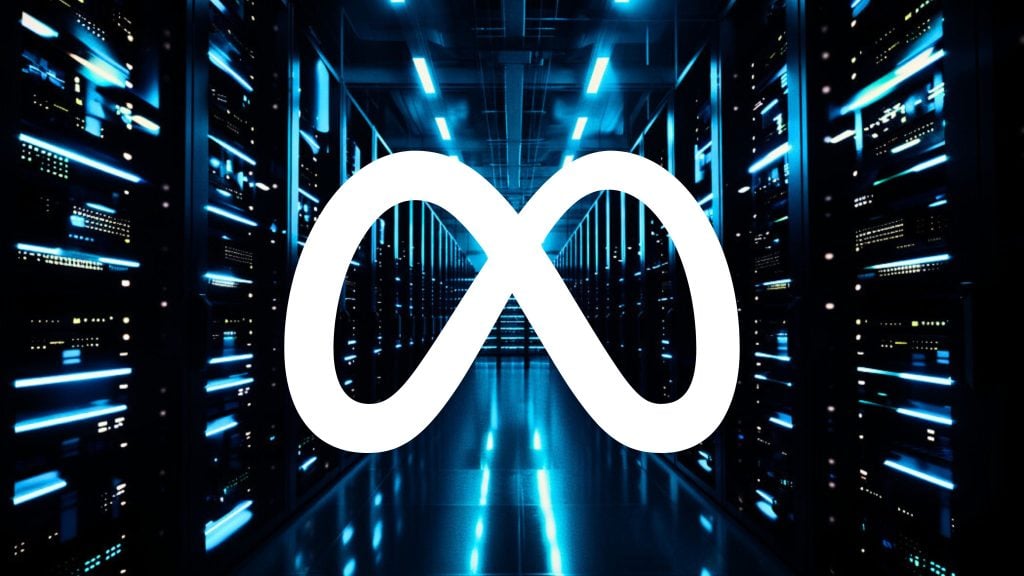 Rows of illuminated server racks in a dark data center with a large white Meta logo superimposed in the center.