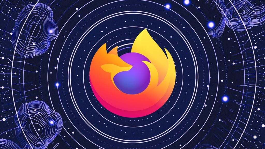 Mozilla Firefox logo with a stylized orange fox curled around a purple globe, set against a dark starry background with white circular patterns and abstract blue shapes resembling clouds or waves.