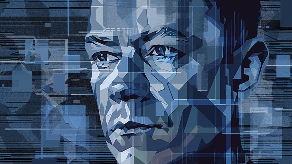 Abstract digital portrait of a man's face composed of geometric shapes and shades of blue, with overlapping translucent rectangles and horizontal lines in the background.