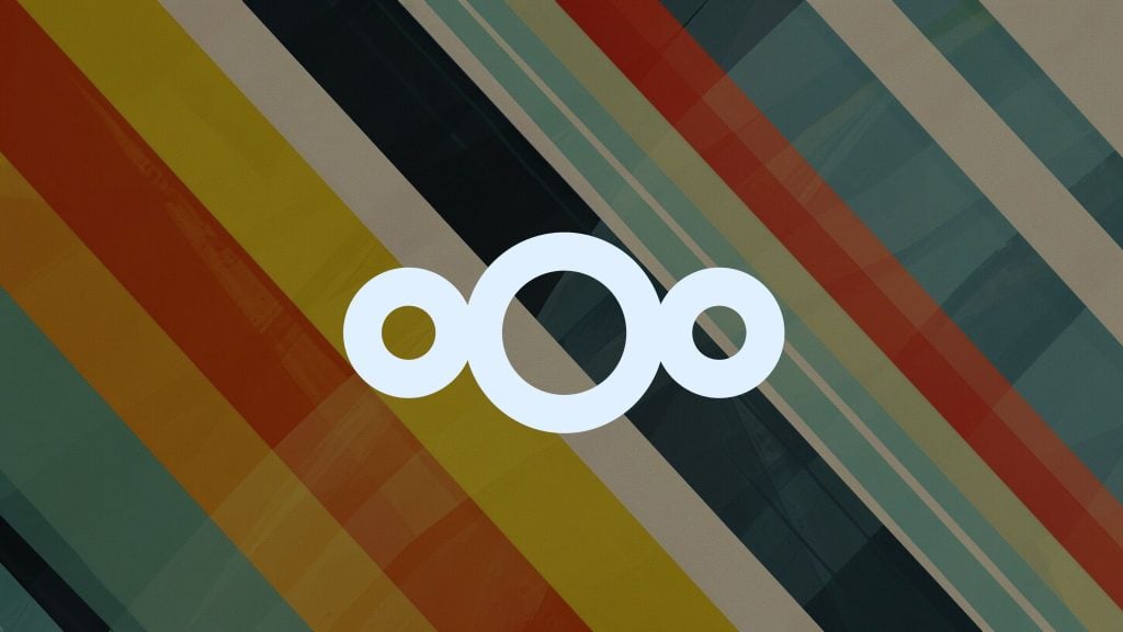 Light blue logo with three interconnected circles on a background of diagonal stripes in muted colors including red, yellow, beige, and teal.