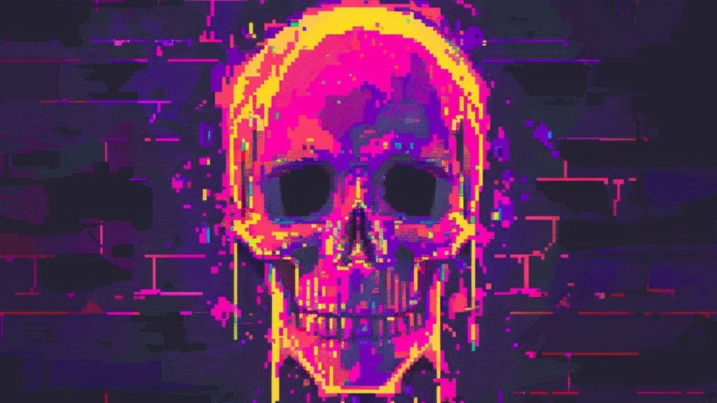 Pixelated digital art of a human skull with neon yellow, pink, and purple colors against a dark purple and black glitchy background.