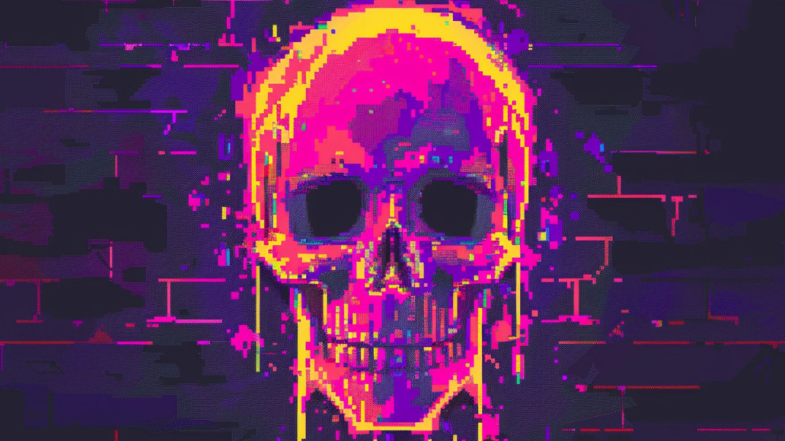 Pixelated digital art of a human skull with neon yellow, pink, and purple colors against a dark purple and black glitchy background.