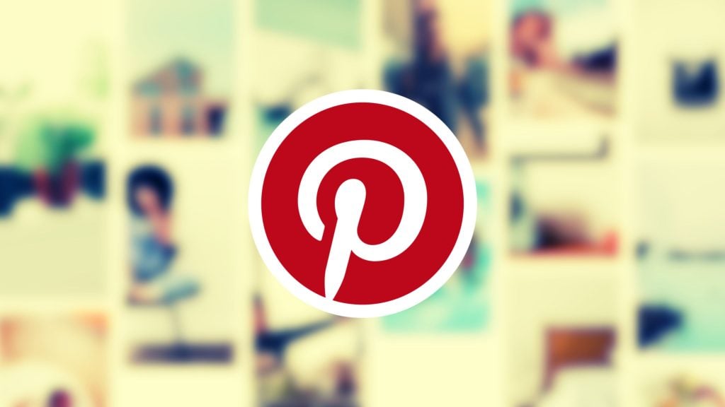 Pinterest logo with a white stylized 'P' on a red circular background centered on a blurred collage of various photos and images.