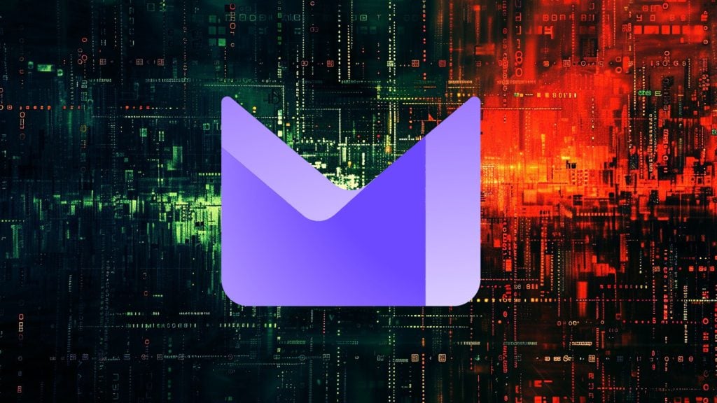 Purple stylized envelope icon centered against a digital background with green circuit patterns on the left and orange-red circuit patterns on the right