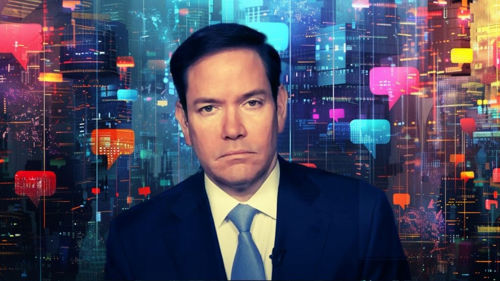 Rubio in a suit and blue tie looking seriously at the camera with a futuristic cityscape and colorful digital speech bubbles in the background.