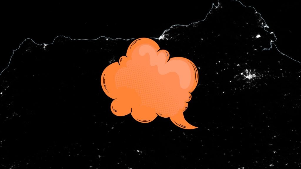 Black background with faint white light clusters and thin blue outline of a landmass, overlaid at the center by a large orange cartoon-style speech bubble with a dotted pattern inside.