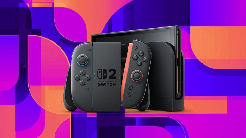Nintendo Switch 2 model console with Joy-Con controllers attached, set against a colorful abstract background with purple, pink, and orange shapes.
