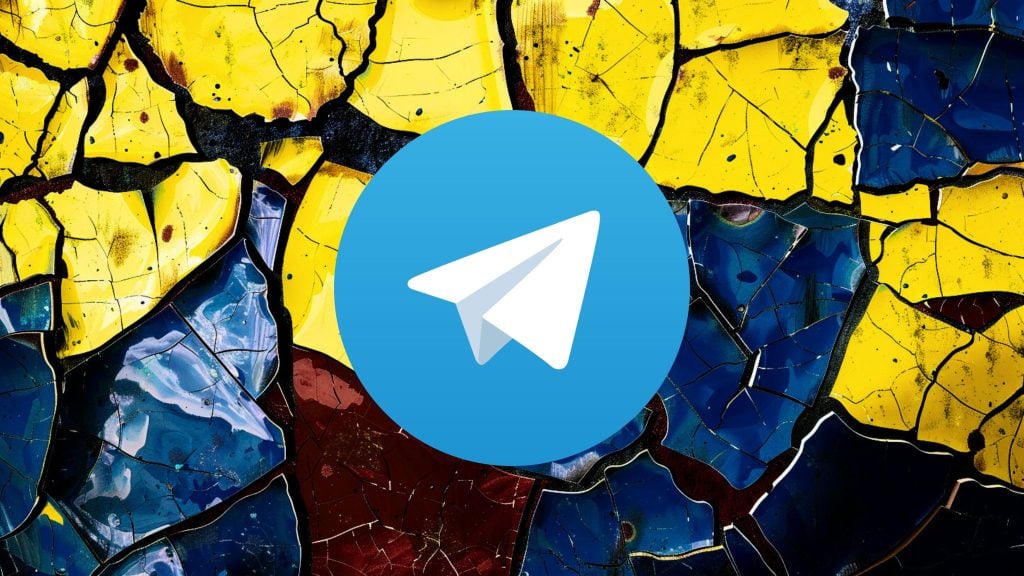 Telegram app logo with a white paper plane on a blue circle, centered over a colorful cracked abstract background of yellow, blue, and red fragments.