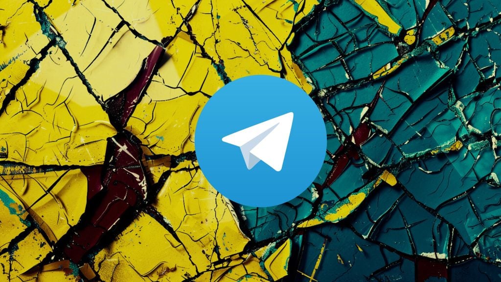 The Telegram app logo featuring a white paper airplane on a blue circle background, overlaid on a cracked and peeling painted surface with yellow and teal colors.