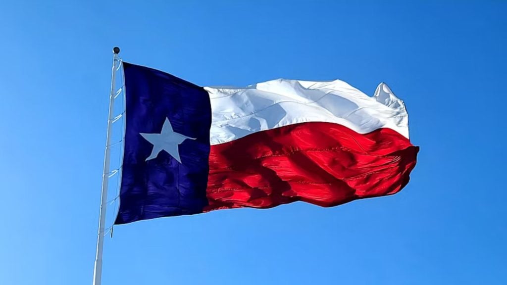 Texas state flag with a lone white star on a blue vertical stripe, white and red horizontal stripes waving against a clear blue sky