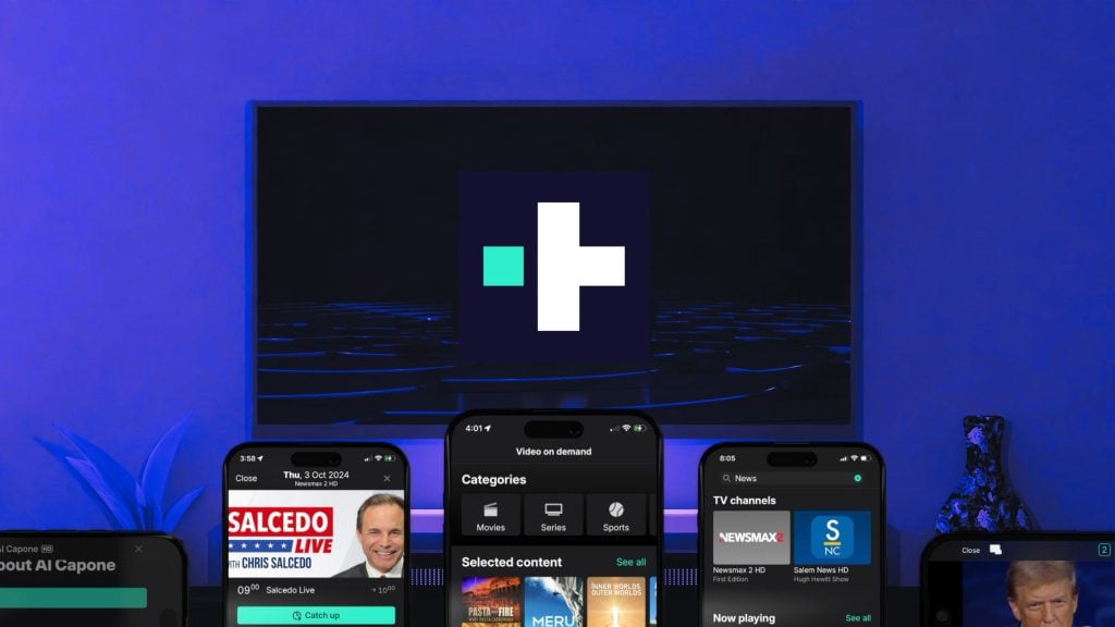 Three smartphones displaying different screens of a video on demand app, positioned in front of a large screen with a blue background and a white and turquoise Truth Plus logo in the center, with a plant on the left and a floral vase on the right.