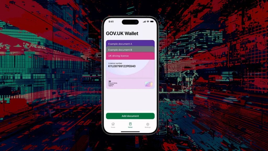 Smartphone screen displaying the GOV.UK Wallet app with a UK driving licence and example documents against a futuristic cityscape background with red and blue digital effects.