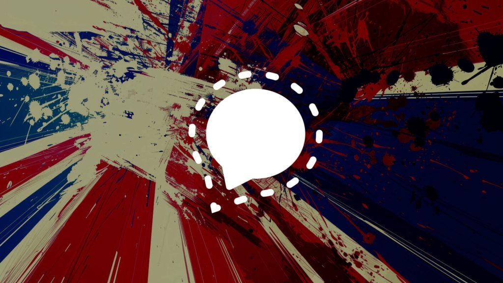 Abstract grunge background with splattered paint in red, blue, and beige tones, featuring a white speech bubble icon surrounded by a dashed circle at the center.