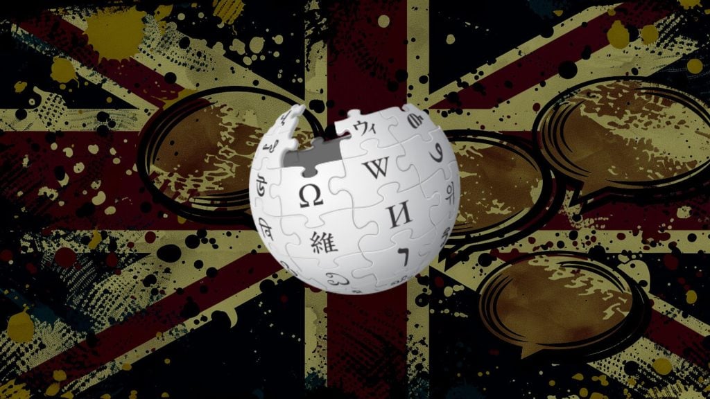 Wikipedia puzzle globe logo centered over a grungy British flag background with three speech bubbles outlined in black and filled with a brown textured pattern.