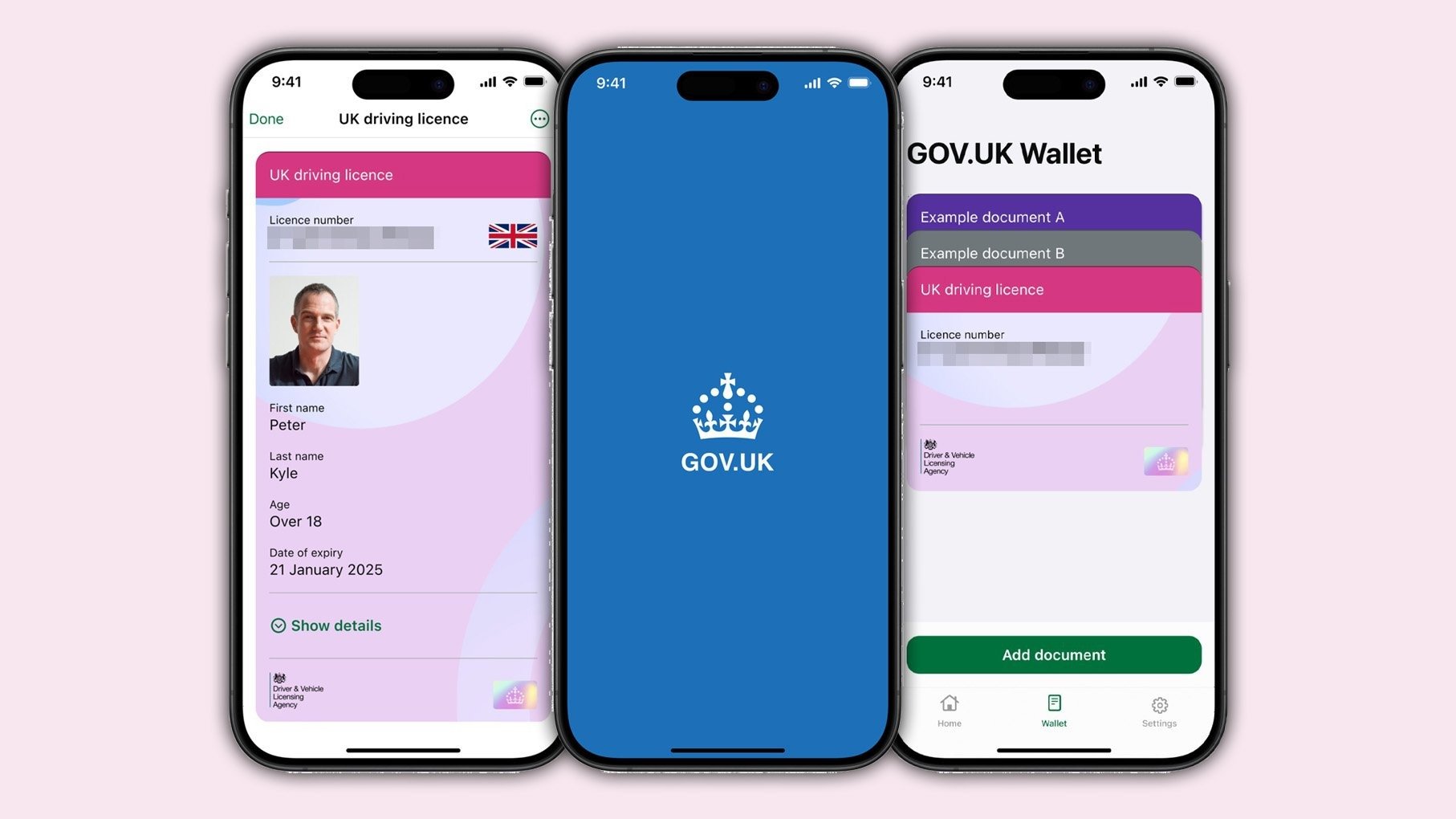 Three smartphones displaying digital UK driving licence and GOV.UK Wallet app screens, showing personal driving licence details, app homepage, and document list interface.
