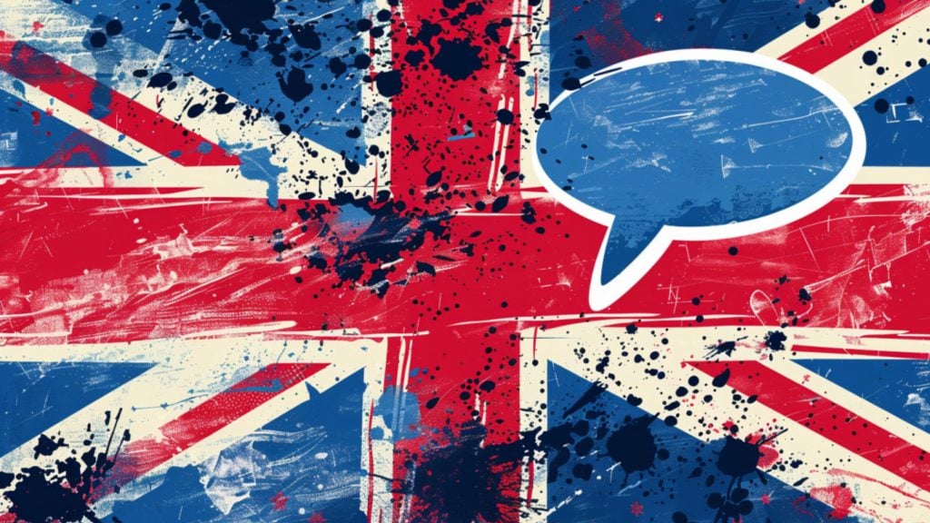 Grungy, splattered artwork of the Union Jack with a textured blue speech bubble outlined in white in the upper right area.