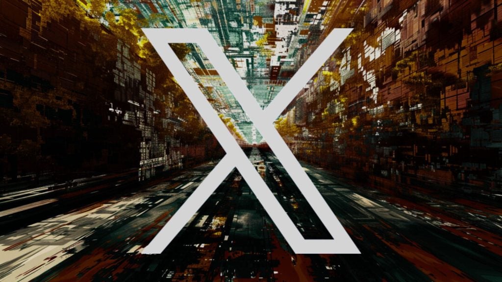 Large white stylized X symbol overlaid on a complex abstract background of geometric patterns in dark green, brown, and yellow tones resembling a futuristic cityscape or digital circuitry.