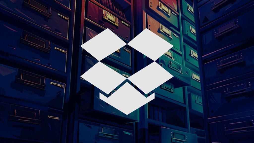 Illustration of multiple filing cabinets in dark blue and green tones with a large white Dropbox logo superimposed in the center