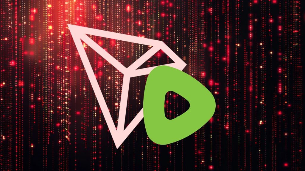 Pink geometric triangle shape and green play button overlay on a background of vertical red and yellow light dots resembling digital data streams
