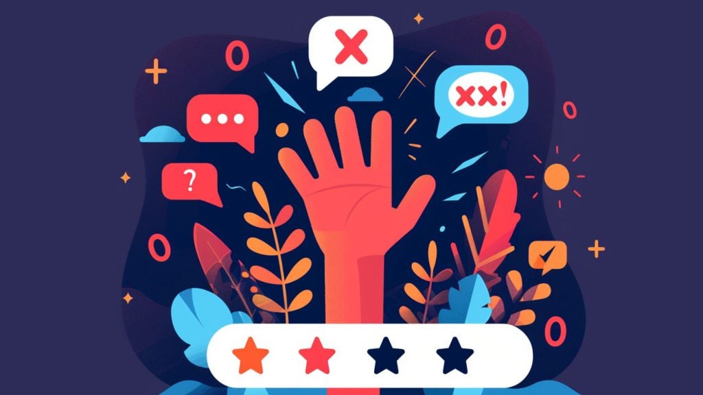A raised red hand surrounded by speech bubbles with symbols like question marks, crosses, and exclamations, set against a dark background with colorful leaves and a two-star rating bar below.