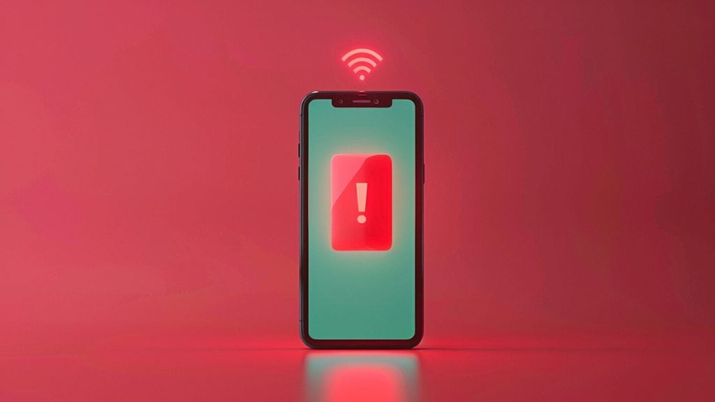Smartphone with a glowing red exclamation mark on the screen and a Wi-Fi symbol above it, set against a red background, indicating a network or connectivity issue.