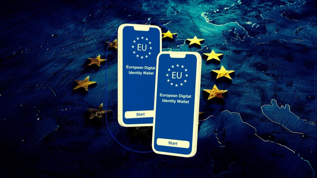 Two smartphones displaying the European Digital Identity Wallet app interface with the EU emblem and start button, set against a dark blue map background featuring yellow EU stars.