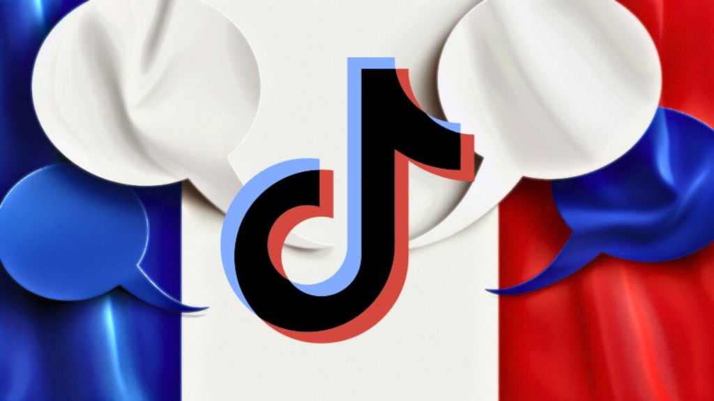 TikTok logo overlaid on a background resembling the French flag with blue, white, and red vertical stripes, accompanied by white and blue speech bubbles.