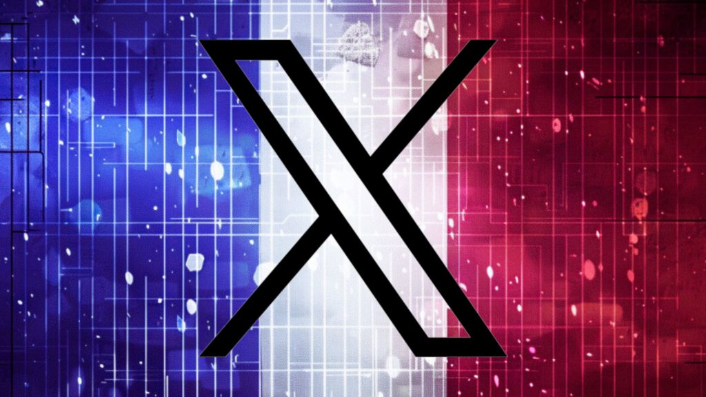 A stylized black X logo centered over a background with vertical blue on the left, white in the middle, and red on the right, with geometric lines and abstract shapes overlaying the entire image.