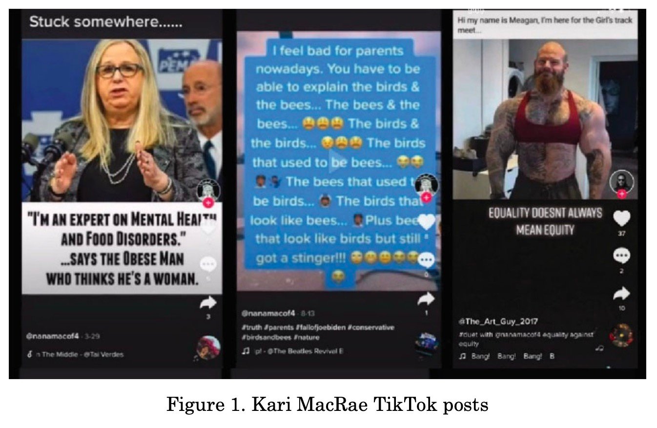Three TikTok posts with political and social commentary: left shows a transgender woman speaking with caption quoting 'I'm an expert on mental health and food disorders' as said by an obese man who thinks he is a woman; center shows text expressing confusion about explaining the birds and the bees, mixing metaphors with emojis; right shows a muscular bearded man with tattoos wearing a red crop top with caption 'Hi my name is Meagan, I'm here for the girl's track meet' and text 'Equality doesn't always mean equity'.