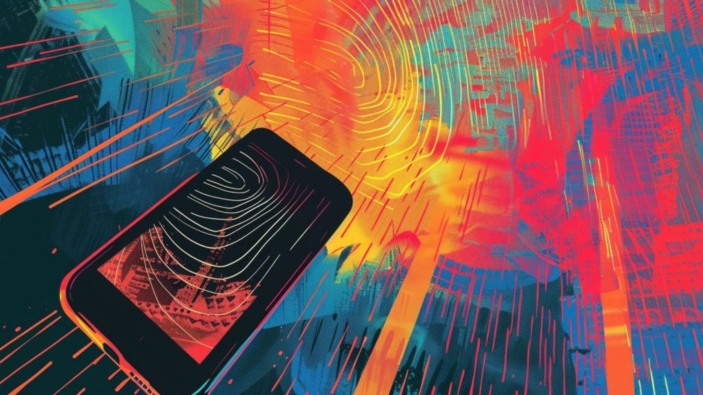 Abstract digital artwork featuring a smartphone with finger print patterns on its screen, surrounded by vibrant streaks and grid lines in red, orange, yellow, blue, and teal colors.