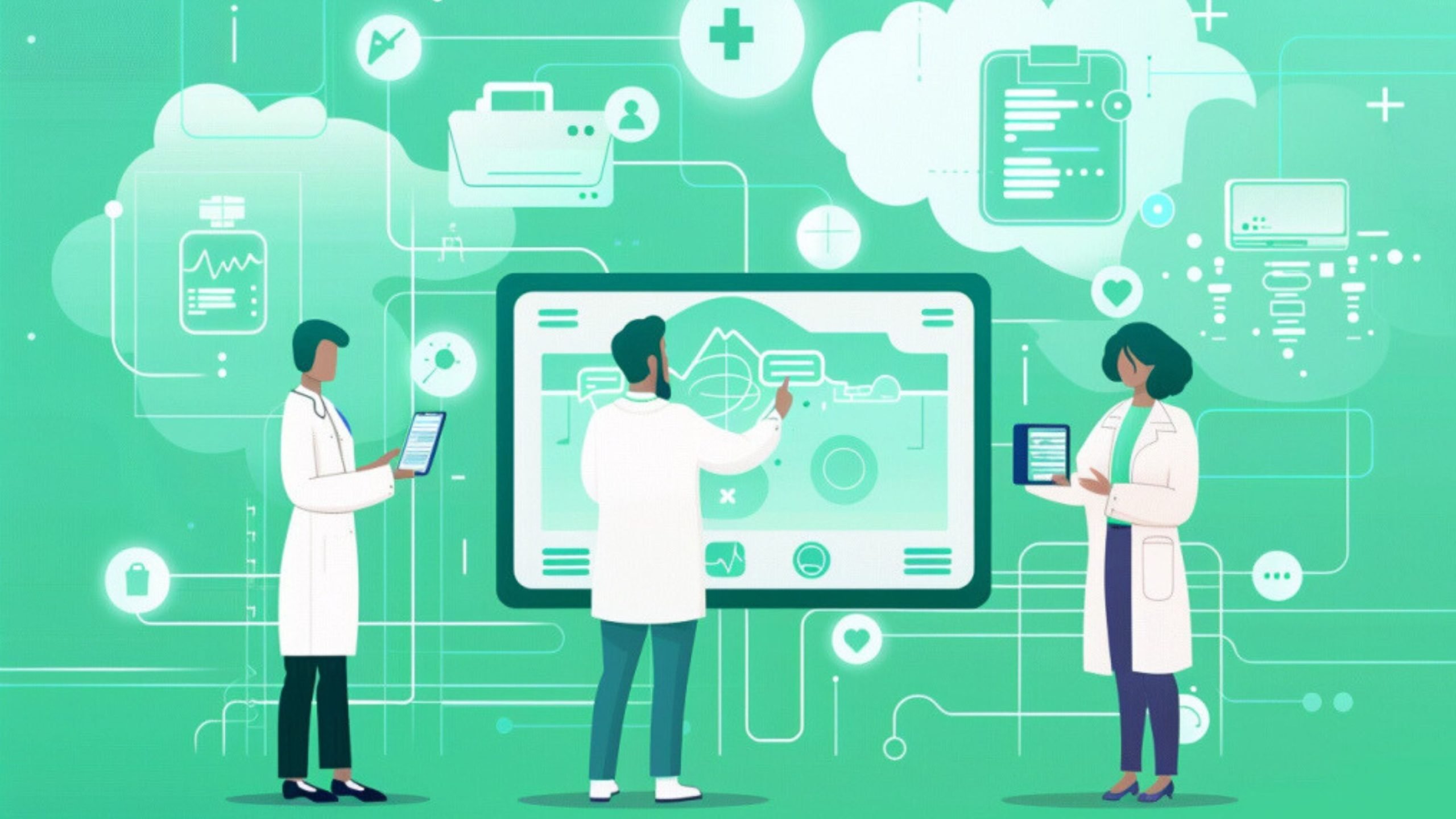Illustration of three medical professionals in white coats interacting with digital medical data displayed on large transparent screens and tablets, amidst icons representing healthcare and medical information in a green background.