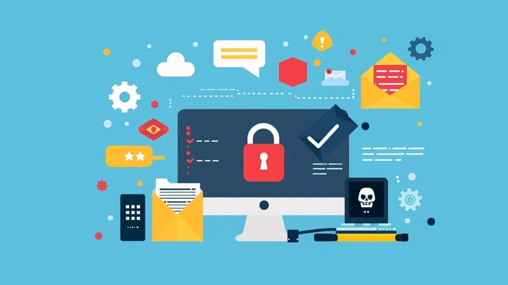Illustration of a computer monitor with a red lock icon on the screen surrounded by security-related icons including check marks, envelopes, warning symbols, a skull on a device, and gears, on a blue background, symbolizing cybersecurity and data protection.