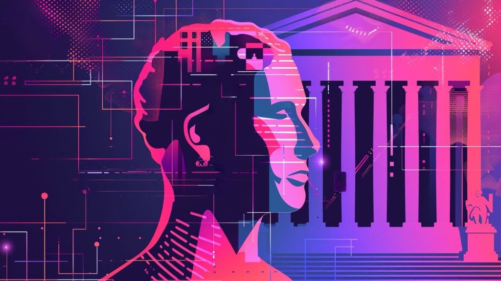 Abstract digital illustration of a classical statue head in pink and purple hues overlaid with geometric lines and shapes, set against a background of ancient Greek columns and a seated statue figure on a pedestal.