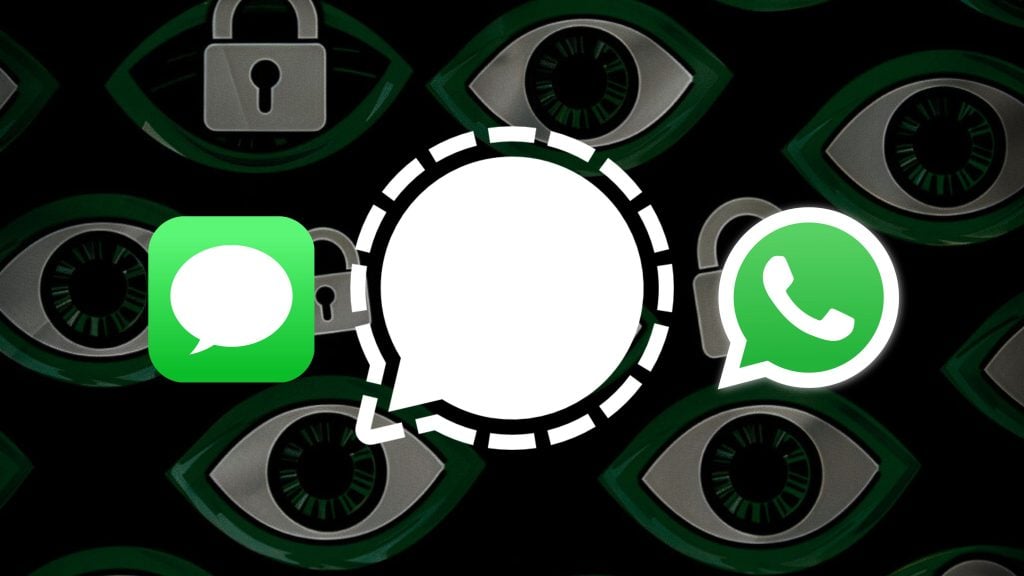 Illustration featuring three messaging app icons (Messages, Signal, WhatsApp) over a background pattern of green eyes and padlocks symbolizing privacy and security.