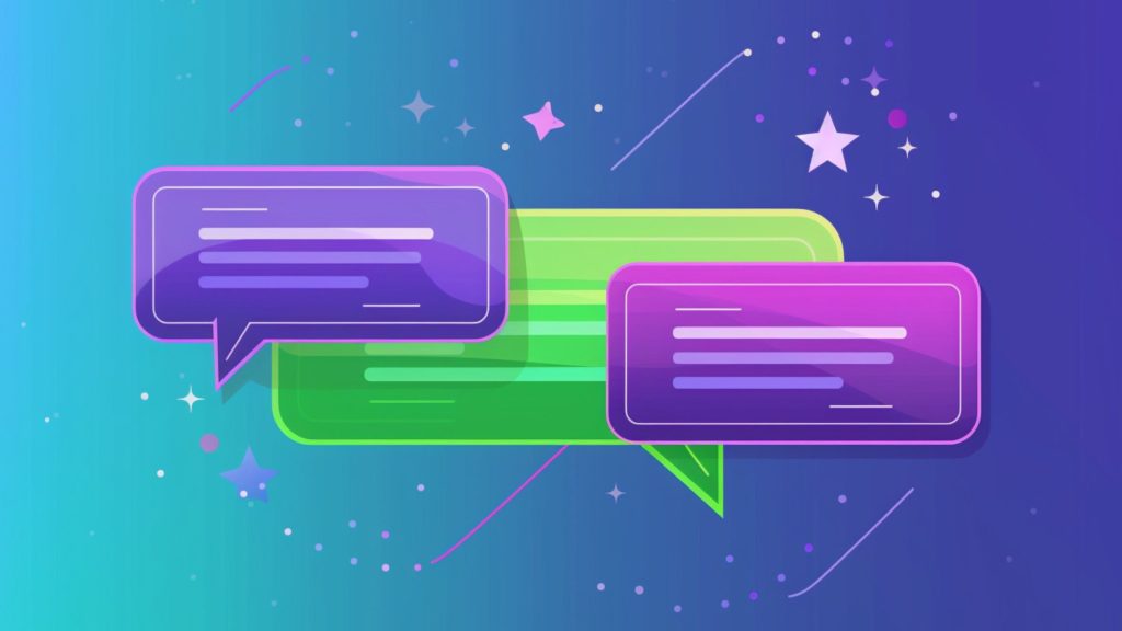 Abstract illustration of overlapping chat bubbles in purple and green on a blue-purple gradient background with scattered star shapes and dots.
