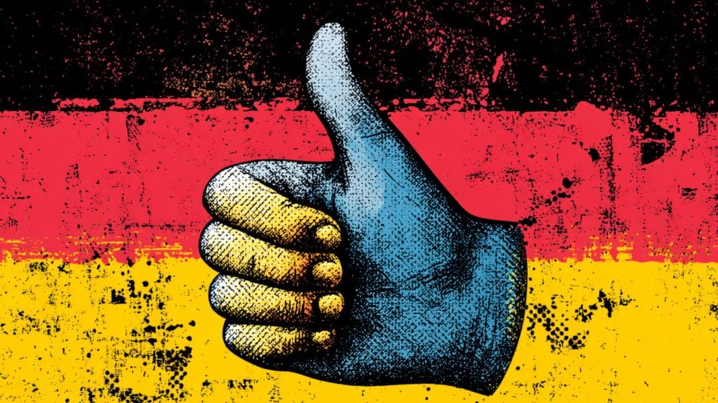 Illustration of a hand showing a thumbs-up gesture colored in blue and yellow against a grunge background of the German flag in black, red, and yellow.