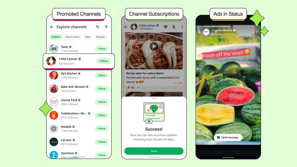 Three smartphone screens showcasing different features labeled Promoted Channels, Channel Subscriptions, and Ads in Status, with examples of channel lists, subscription alerts, and a watermelon advertisement, set against a light green background.