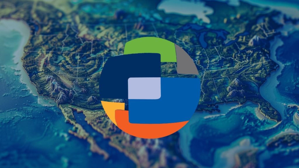 Colorful pie chart composed of segmented shapes in blue, green, gray, orange, and yellow overlaid on a topographic map of the United States and surrounding areas.