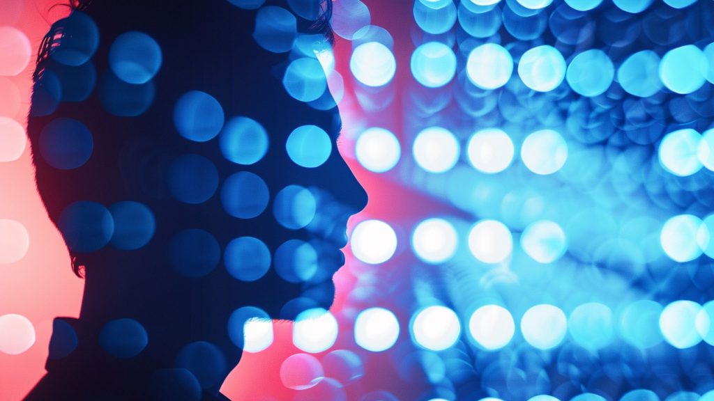 Silhouette of a person's side profile against a red background with overlaid blue circular bokeh lights creating a futuristic effect.